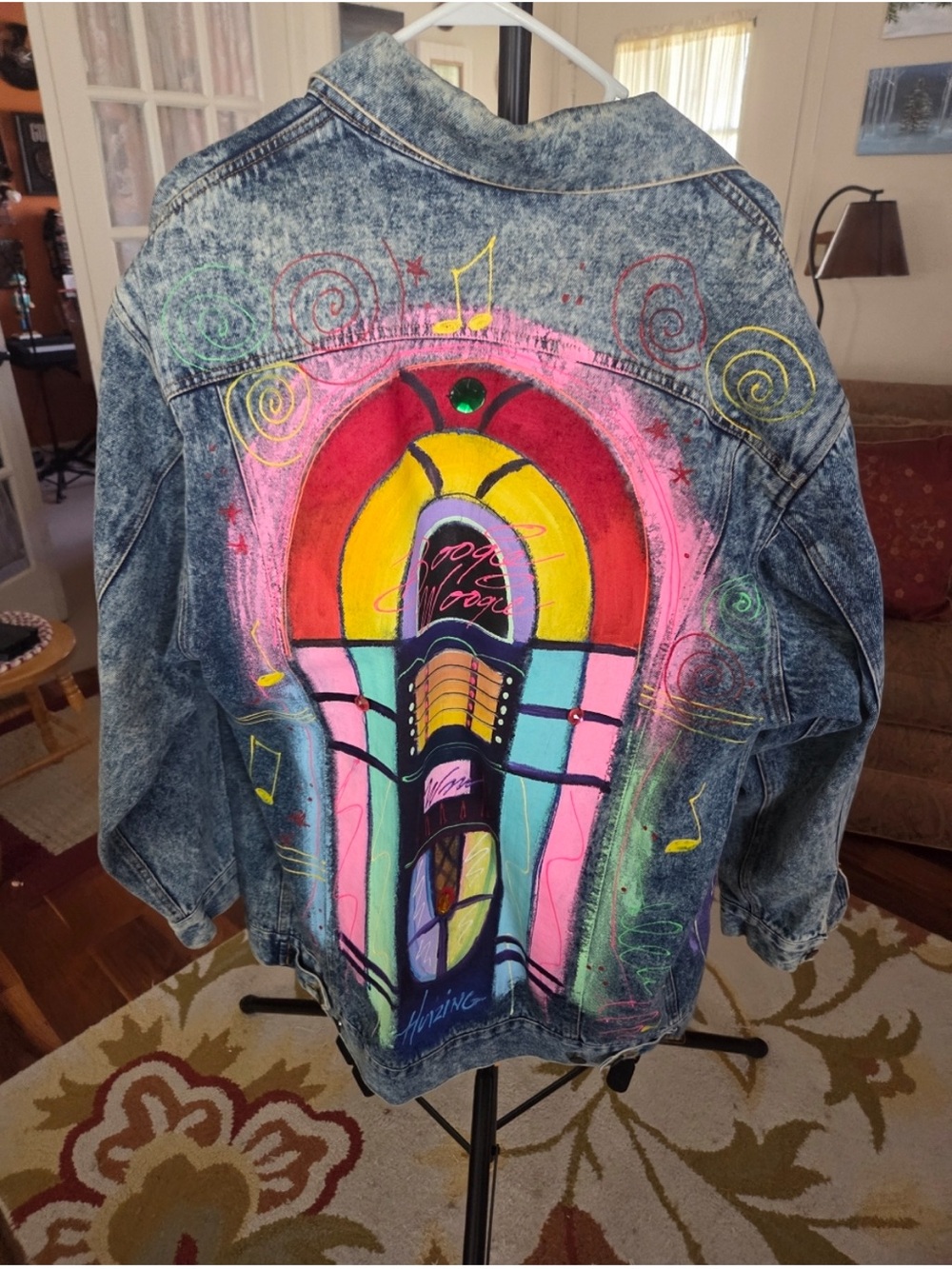 Vintage Hand-Painted Acid Wash Denim Jacket with Neon Piano & Sax Art - Picture 6 of 13